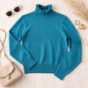Vintage Michael Richards Teal Ruffle Mock Neck Sweater | Cozy Retro Chic